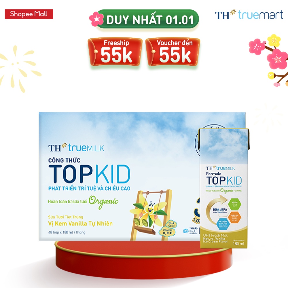 Thùng 48 hộp sữa tươi tiệt trùng TOPKID kem vanilla tự nhiên TH True Milk 180ml 