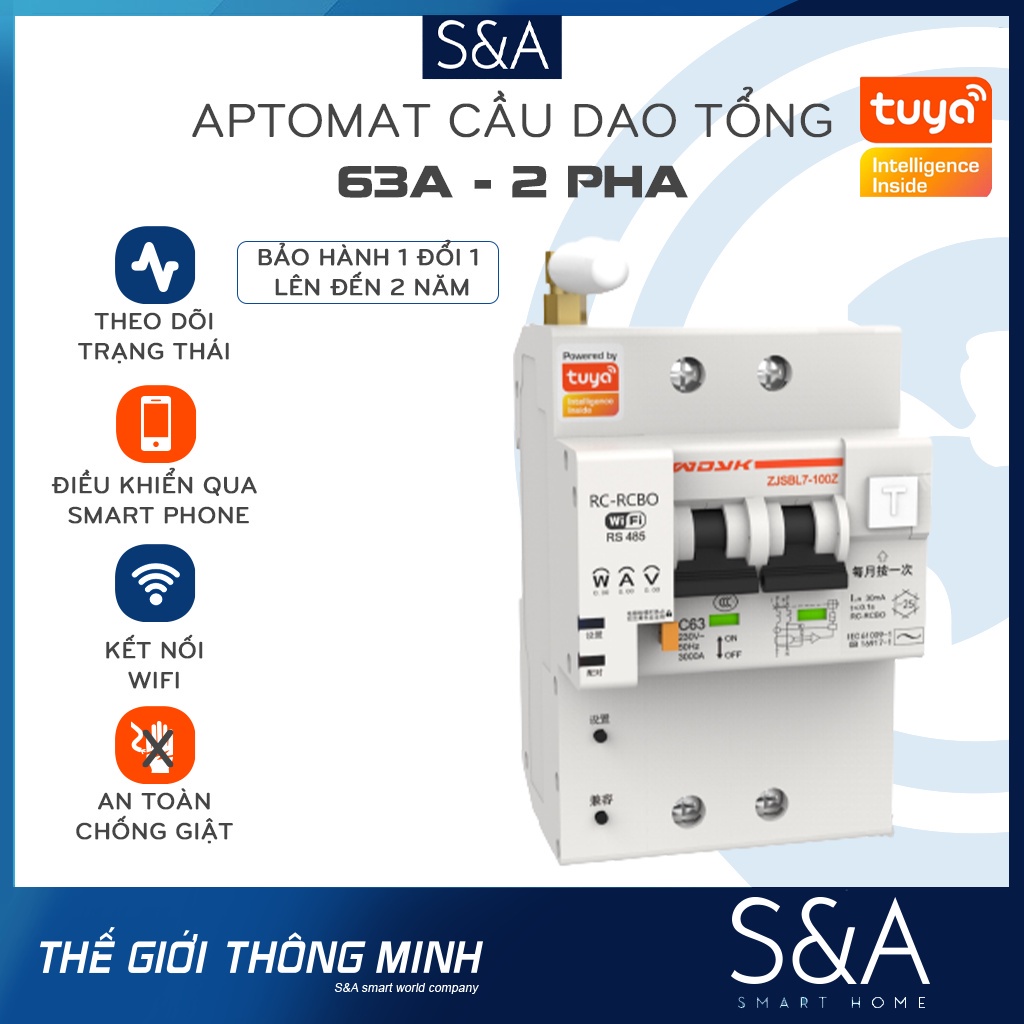 Aptomat cầu dao RCBO CB thông minh wifi đo điện nawnh, chống giật 2P- 63A