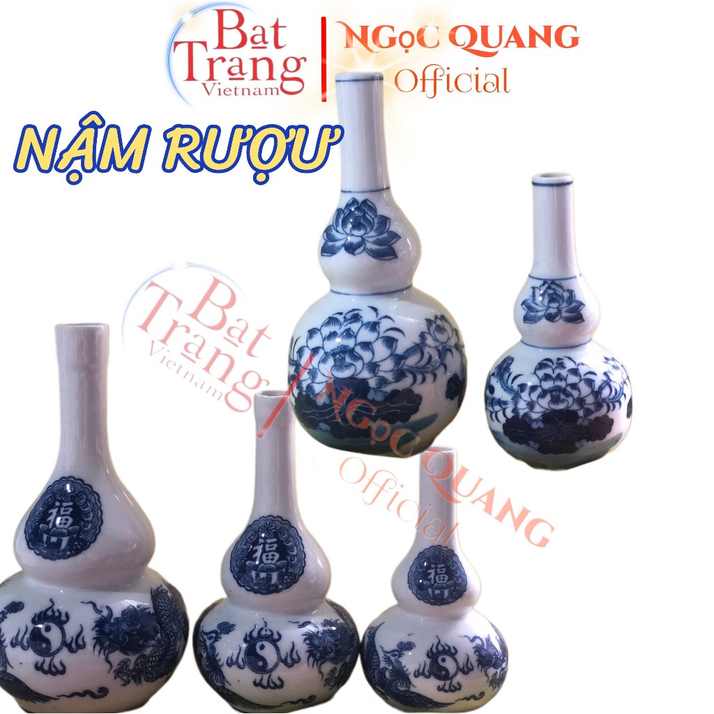 Nậm Rượu Thờ Cúng 2 Bầu Men Lam, Men Trắng Chuẩn Bát Tràng