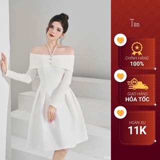 Váy dạ tweed nữ phối len trễ vai dây cổ TIINSTORE VDD994