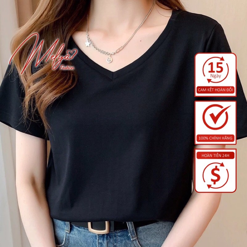 Áo thun nữ trơn cổ tim ngắn tay dáng suông cotton basic đẹp trắng Melya  cao cấp, áo phông nữ cổ V cộc tay gồm 8 màu hot