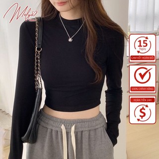 Áo croptop nữ tay dài cổ tròn vải thun coton co giãn 4 chiều kiểu basic dáng ôm body màu đen đẹp A11
