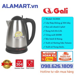 Bình đun siêu tốc 2,5 lít gali gl-0025 2150w sus304 siêu bền