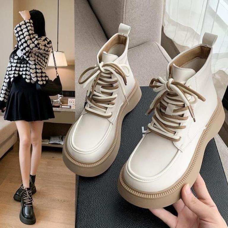 Giày bốt Martins cao cổ 14cm đế dày cao buộc dây đen/trắng cá tính năng động trẻ trung năm 2024