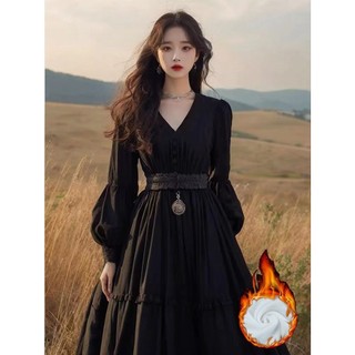 Đầm Nhung Đen Dáng Dài Kiểu vintage Thời Trang Mùa Đông Cho Nữ