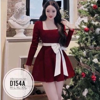 Đầm nhung big size xòe bồng phối nơ, đầm nhung nơ size lớn từ 55kg-90kg (bigsize, to, lớn, béo, mập, size lớn, bự)
