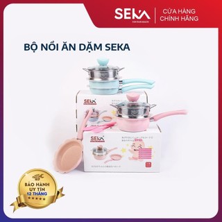 Bộ nồi chảo đá seka cho bé ăn dặm, set 3 món nồi chảo chống dính kèm xửng hấp nấu ăn dặm, dùng được mọi loại bếp