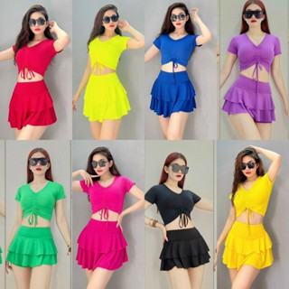 Bộ Đồ Tập Thể Thao Nữ ÁO croptop Rút dây Quần Váy Tầng tập Yoga Gym Nhiều Màu Cao Cấp