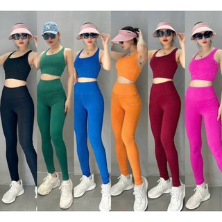 Bộ Đồ Tập Thể Thao Nữ Áo Croptop Bra Quần Dài Tập Gym Yoga Aerobic Cầu Lông - Tặng Mút Ngực