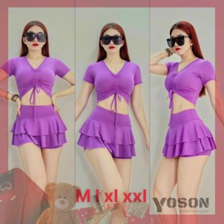 Bộ Đồ Tập Thể Thao Nữ Áo Croptop Rút Dây Quần Váy Tầng Tập Gym Yoga Aerobic Cầu Lông