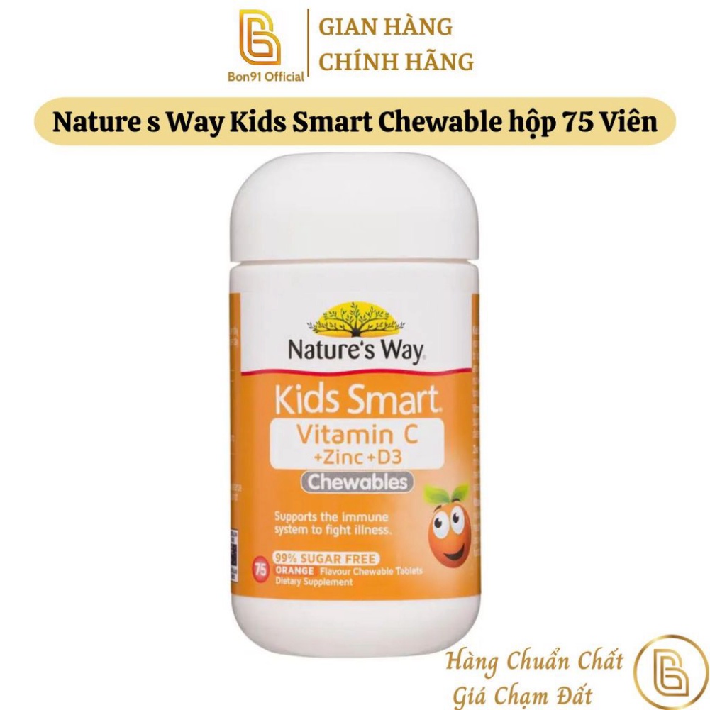 Nature s Way Kids Smart Vitamin C ZinC D3 Chewable hộp 75 Viên nhai tăng đề kháng Úc