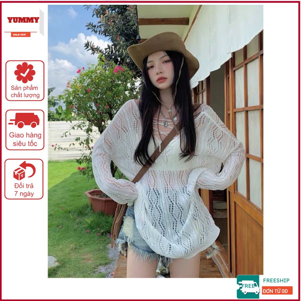 [Có sẵn] Áo dệt kim Yummy có dây thắt nơ, Áo lưới dài tay mặc ngoài bikini phong cách Hàn Quốc