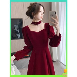 váy đỏ vay tet Trang phục nâng ly màu đỏ, lễ phục cưới, trang phục đính hôn, trang phục về cửa, có thể mặc váy nhung kiểu Trung Quốc, trang phục nữ mùa thu