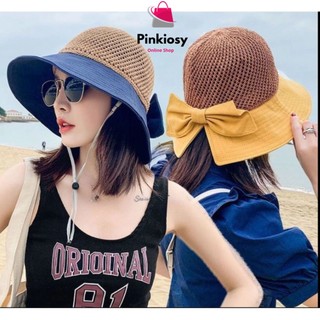 PVN26461 Mũ cói viền vải nơ to xinh xắn, Nón cói đi biển,Du lịch phong cách Hàn Quốc sang trọng cho nữ