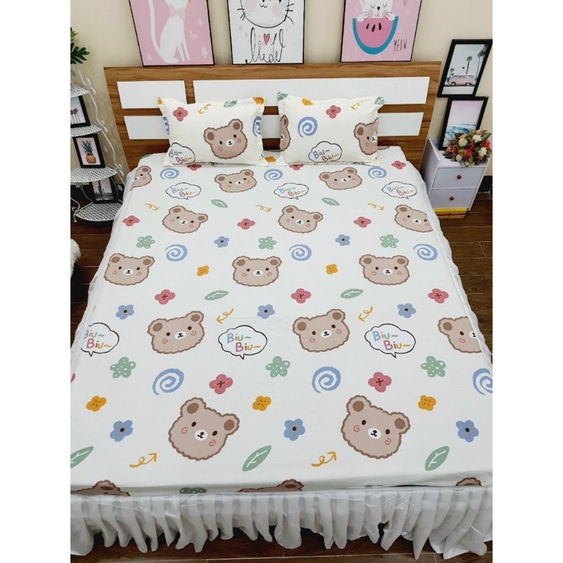 Bộ ga gối cotton Poly ga chun kích thước 1m4 1m5 1m6 kèm 2 áo gối mẫu gấu nhí