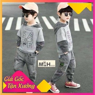 Set jean bé trai, set jean dài áo hoodie phối tay bò cho bé trai - nbsj011 ns2