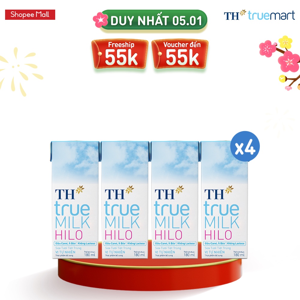 4 Lốc sữa tươi tiệt trùng TH True Milk HILO 180ml 