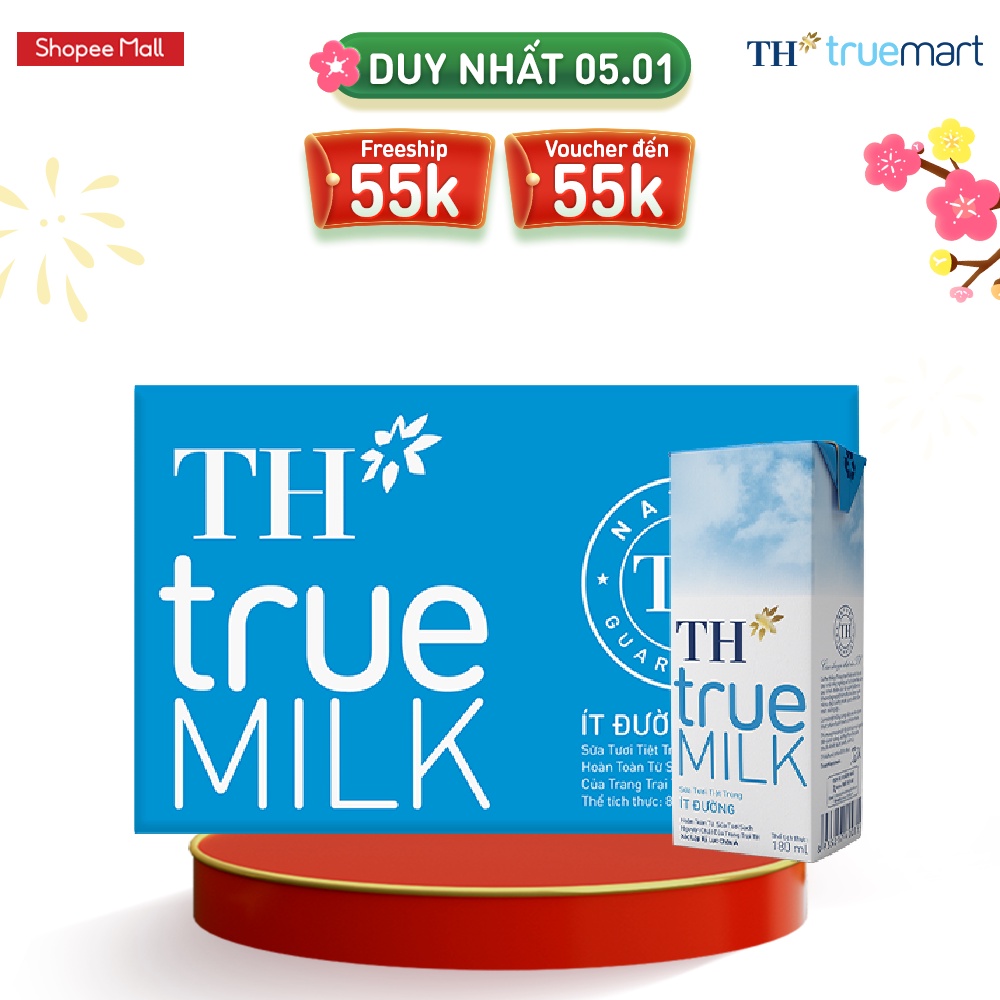 Thùng 48 hộp sữa tươi tiệt trùng ít đường TH True Milk 180ml 