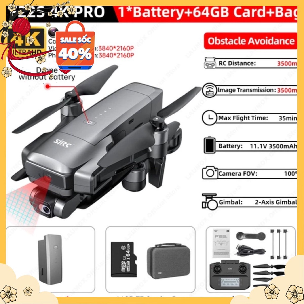 Flycam SJRC F22S 2023 - F22S 3.5km - F22 - Gimbal 3 trục EIS 4K - cảm biến va chạm - BH 3T - Chính hãng (TặngÔtô)