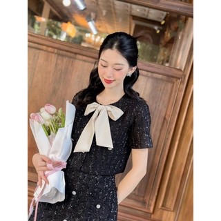Set áo dạ bố tay con cổ tròn kèm nơ + chân váy A xoè