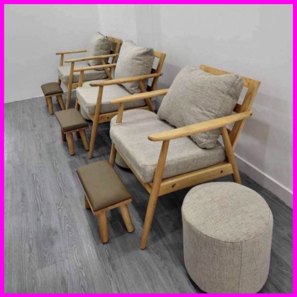 Bộ sofa nail 3 món màu kem vải bố - combo sofa nail tay gỗ - ghế xả stress - bộ 3 món Bảo Hành 12 tháng