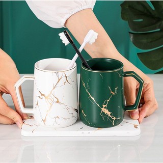 Bộ cốc uống cafe, ly sứ uống trà văn phòng 400ml vân vàng sang trọng
