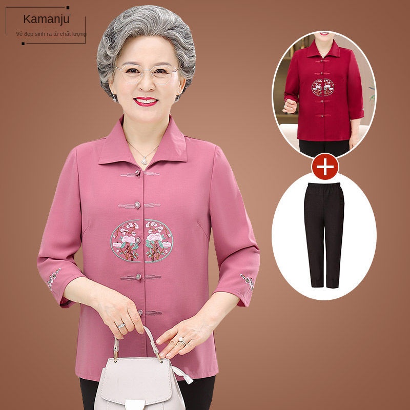Quần áo mùa xuân của phụ nữ trung niên và người già 60 70 tuổi, áo sơ mi bà ngoại bộ đồ mùa hè của m