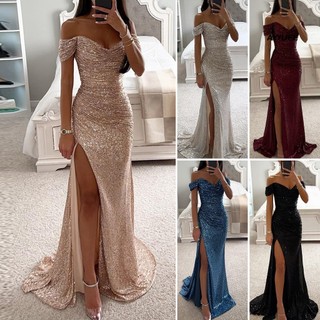 [vnmx] Đầm maxi Dài Trễ Vai Xẻ Tà Cổ Chữ v Lấp Lánh Thanh Lịch Dự Tiệc Tối