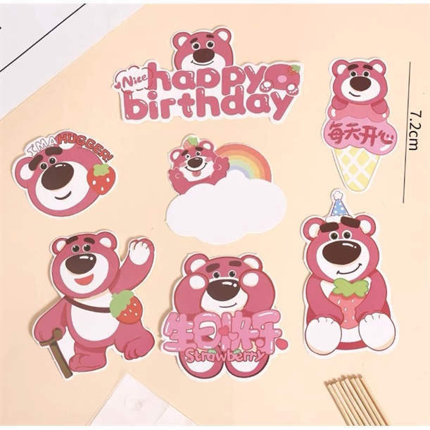 Set 7 que cắm HPBD gấu Lotso hồng giơ tay