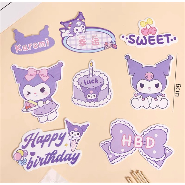 Set 8 que cắm HPBD Kuromi + nơ tím