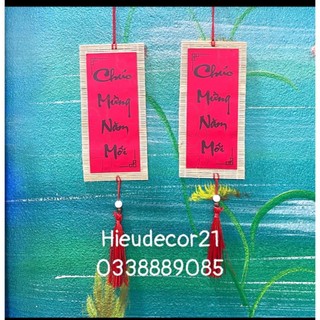 Mành tre giấy đỏ in chữ thư pháp mini treo cành đào, cành mai, trang trí Tết.....