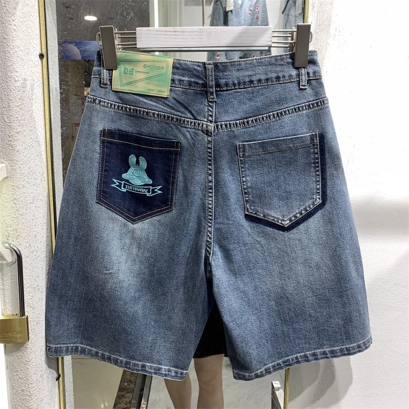 Jiashucheng Quần Short Denim Năm Tấc Cạp Cao Dáng Rộng Phong Cách Mới