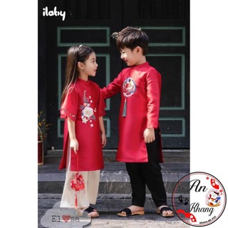 Áo dài cách tân - áo dài cặp đôi tafta hoa thêu bé trai bé gái từ 1-8 tuổi