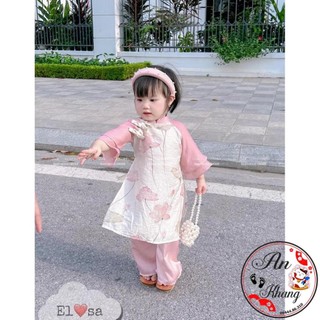 Áo dài cách tân bé gái- set áo dài hoa sen kèm bờm ngọc siêu xinh cho bé 1-8 tuổi