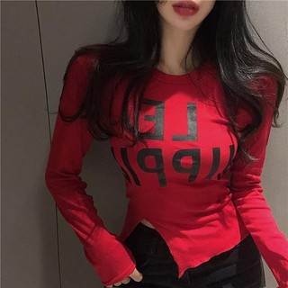 Jiashucheng Áo Thun Tay Dài Dáng Ôm Màu Đỏ Phong Cách Thời Trang Xuân Thu Hàng Mới Dành Cho Bạn Nữ