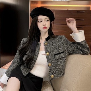 Áo khoác dạ tweed nữ dáng ngắn màu muối tiêu cúc đồng, cổ trụ có đệm vai trần bông 3 lơp