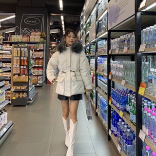 Áo phao lông vũ dáng dài thắt eo chùm ông, dáng váy