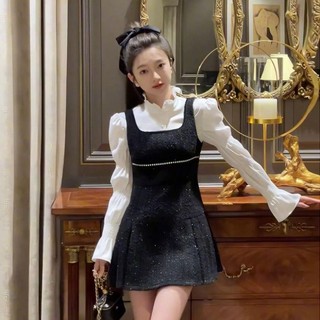 Set váy dạ tweed đen trắng, váy dạ tweed đen ngoài phối somi kiểu phía trong tách rời .
