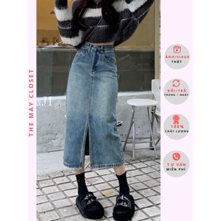 [Ảnh Thật] Chân Váy Bò Dài Xẻ Trước Lưng Cao Y2K Cao Cấp, Chất Jean Dày Đẹp Dáng Suông Màu Xanh Retro - The May Closet