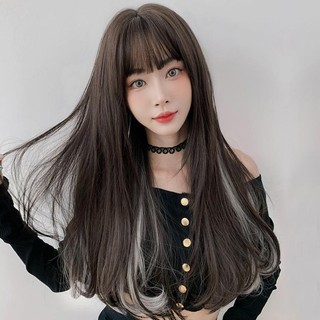 Tóc giả nữ nguyên đầu thẳng phối line xám Tặng kèm lưới trùm wig 2104