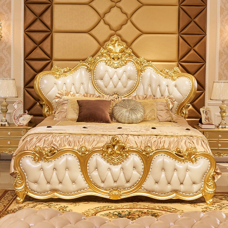 Triều Đại Mingdu Giường phong cách Châu Âu 1.8m giường đôi da phòng ngủ chính giường cưới giường gỗ nguyên khối 2.2m chạ