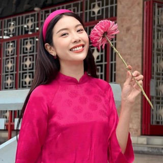 Áo dài dáng xuông chất liệu gấm vân hoa màu hồng sen,Áo dài cách tân màu hồng AoDaiTL