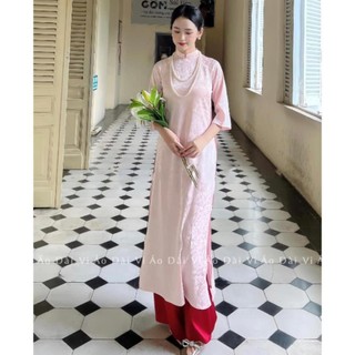 Áo dài thiết kế cách tân tay lửng vải lụa gấm màu hoa hồng phấn cao cấp Áo Dài Việt AoDaiTL