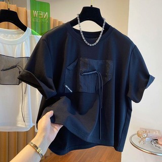 Áo Thun Cotton Nguyên Chất Ba Chiều Tay Ngắn Dây Rút Ba Chiều Thiết Kế Chắp Vá Thiết Kế Niche Độc Đáo Cao