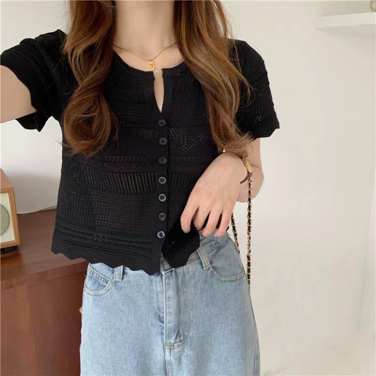 Áo croptop dệt kim len mongtoghi nữ tay ngắn kiểu cổ V thời trang hàng đẹp Quảng Châu cao cấp trẻ trung