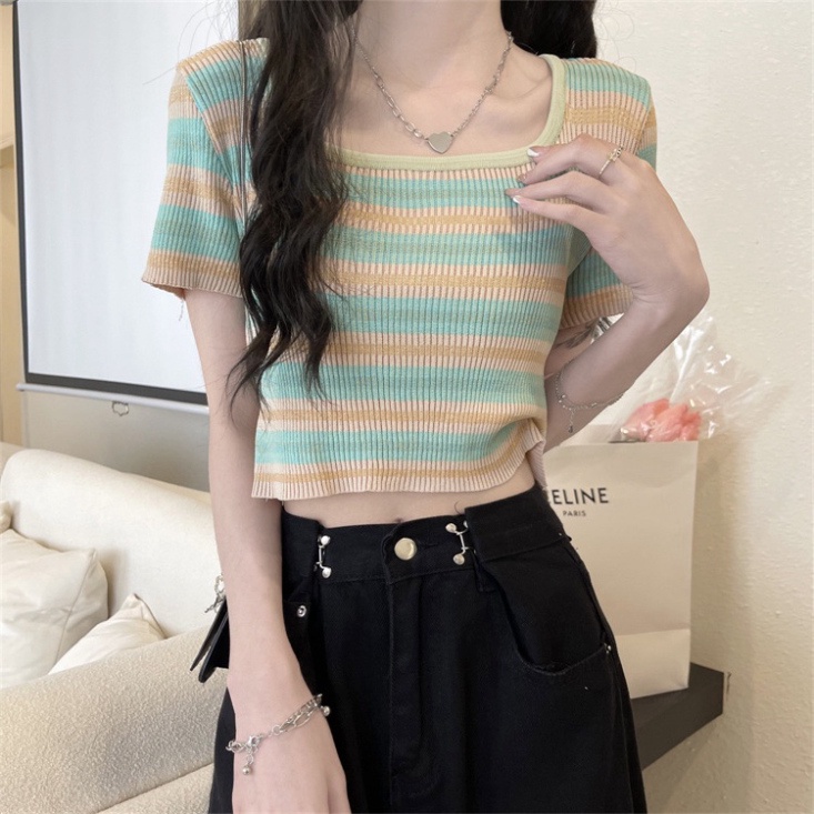 Áo len croptop dệt kim nữ kiểu cổ vuông tay ngắn phối màu thiết kế Quảng Châu trẻ trung cá tính
