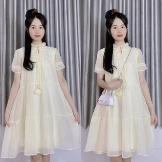 Đầm váy babydoll ren tay bồng phối nơ chuông 2 lớp NANA DRESS