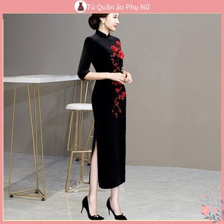 Ch t L Ng cao M S N Đầm Sườn Xám Cách Tân Vải Nhung Thêu Vàng Cỡ Lớn Thời Trang Xuân Thu Trung Hoa Dành Cho Mẹ Trung Niên
