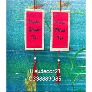 Mành tre giấy đỏ in chữ thư pháp mini treo cành đào, cành mai, trang trí Tết.....