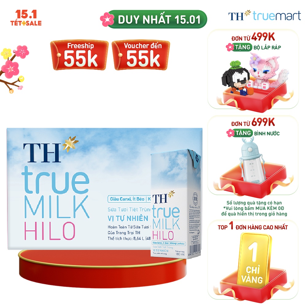 Thùng 48 hộp sữa tươi tiệt trùng TH True Milk HILO 180ml 